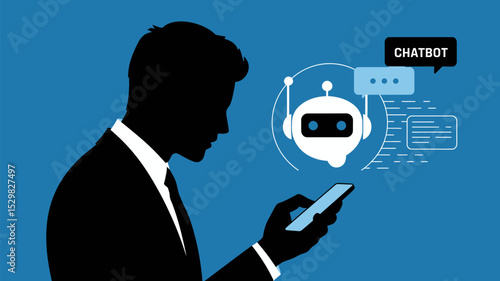 Business man using chatbot ai on smartphone for customer service automation and digital communication tech editable stock vector illustration