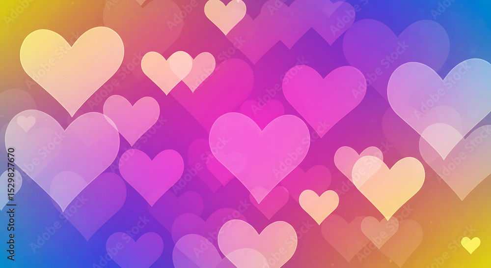 A cascade of pastel hearts floating on a vibrant rainbow gradient background A cascade of pastel hearts floating on a vibrant rainbow gradient background
