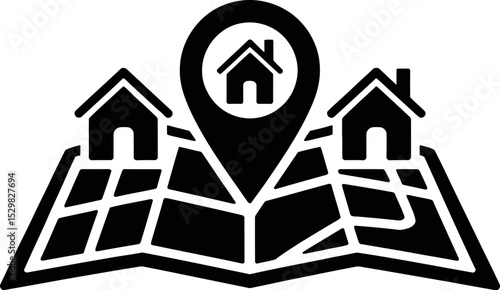 Find real estate properties and houses for sale near me using location map marker and property search tool editable stock vector illustration
