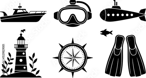Vector set of nautical elements boat diving mask submarine lighthouse compass fins and fish isolated editable stock vector illustration
