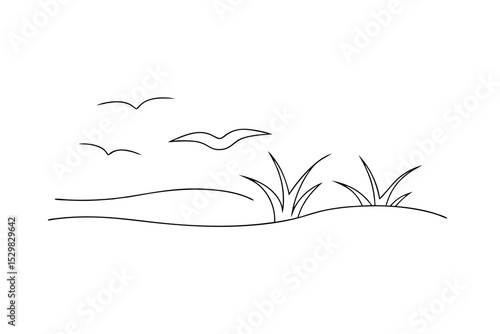 Simple line drawing birds flying over grassy hill