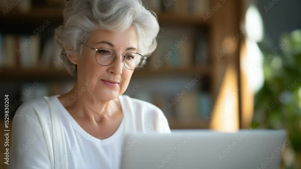 A happy senior woman working in a bright home office A happy senior woman working in a bright home office