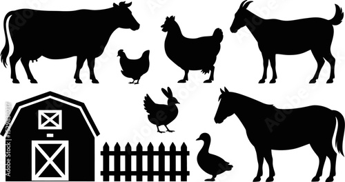 Farm animals silhouettes vector illustration cow chicken horse goat duck barn fence isolated on white editable stock vector illustration