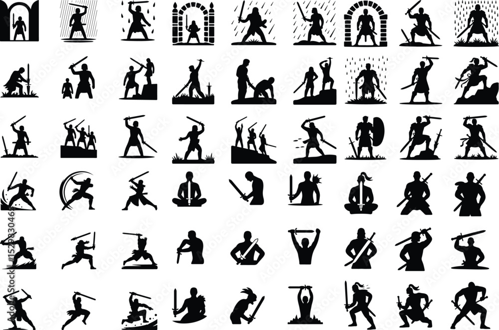 Naklejka premium Warrior with Sword Silhouette – Battle Ready Vector Set Heroic Sword Fighter Silhouette – Epic Warrior Pose Collection