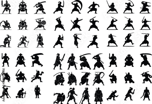 Warrior with Sword Silhouette – Battle Ready Vector Set Heroic Sword Fighter Silhouette – Epic Warrior Pose Collection