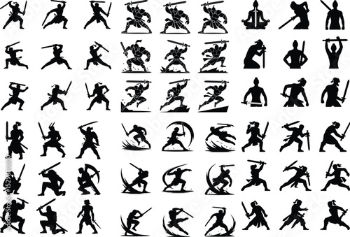 Warrior with Sword Silhouette – Battle Ready Vector Set Heroic Sword Fighter Silhouette – Epic Warrior Pose Collection