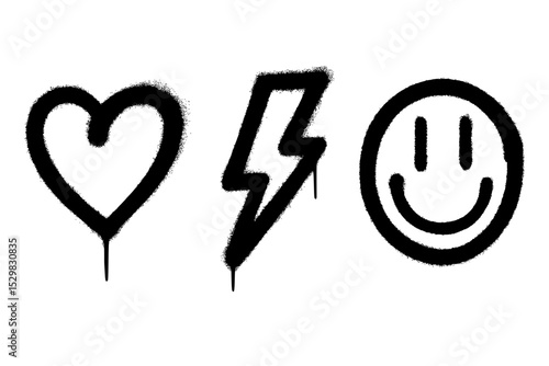 Graffiti spray symbols set with heart, lightning, smile in street style.