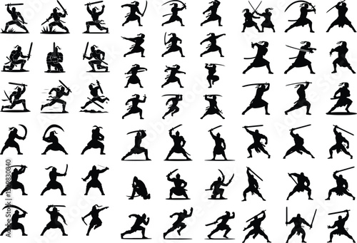 Warrior with Sword Silhouette – Battle Ready Vector Set Heroic Sword Fighter Silhouette – Epic Warrior Pose Collection