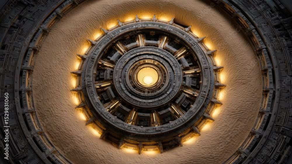 Circular, intricate, architectural design with concentric rings and glowing lights. Circular, intricate, architectural design with concentric rings and glowing lights.