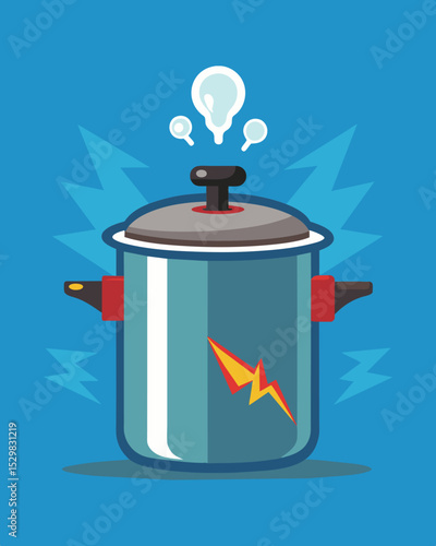 A visual of a pressure cooker about to pop its lid analogous to the mounting stress and tension triggering a breakdown.. Vector illustration