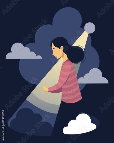 She tried to find a glimmer of light a the dark clouds of thoughts but they seemed to blot out any shred of positivity.. Vector illustration