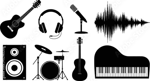 Music instruments sound recording studio equipment vector illustration design icon set art 100 editable stock vector illustration