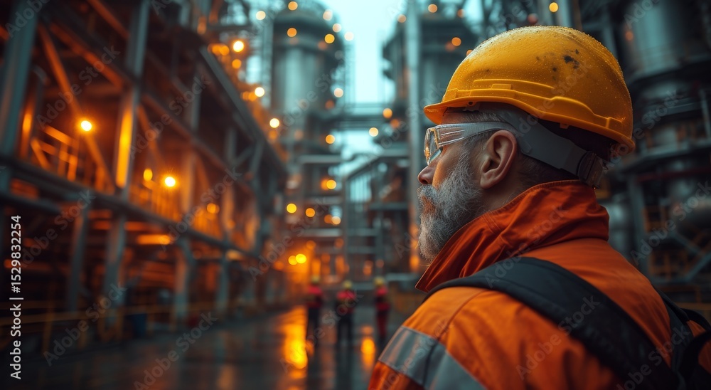 An engineer contemplating the operations of an oil refinery amid a rainy backdrop, illustrating the intersection of human industry and environmental conditions in modern economies. An engineer contemplating the operations of an oil refinery amid a rainy backdrop, illustrating the intersection of human industry and environmental conditions in modern economies.