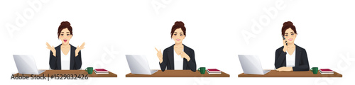 Portrait of elegant business young woman wearing black suit using laptop computer sitting at desk in different poses. Isolated vector illustration set