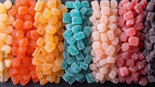 A vibrant array of colorful gummy candy cubes arranged in a visually enticing manner showcases the joy of sweets, perfect for any connoisseur of sugary treats.