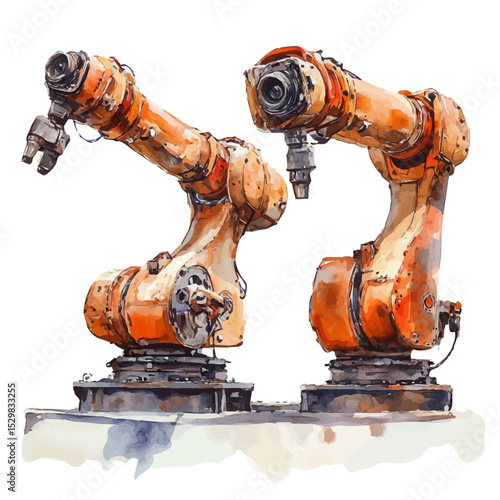 Industrial Robots, watercolor painting vector, isolated on a white background.