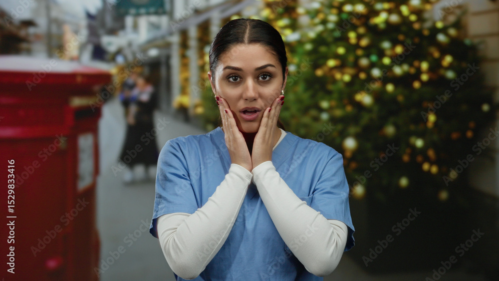 Fototapeta premium Woman nurse in blue scrubs stands outdoors hands on face near festive street with christmas tree and red mailbox in background looking surprised