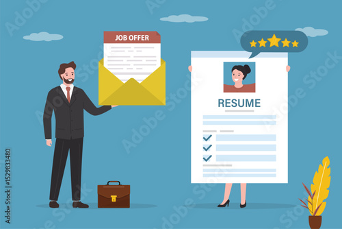 Applicant, qualified employee holds an excellent resume. Good portfolio for hiring. HR agent give job offer letter. Confident businesswoman in search for job,
