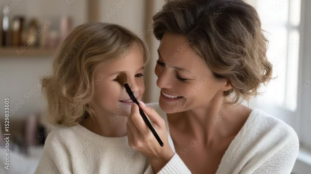 A joyful mom-daughter makeup moment in a sunlit bedroom A joyful mom-daughter makeup moment in a sunlit bedroom