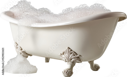 A bathtub filled with white foam and a white bath mat
