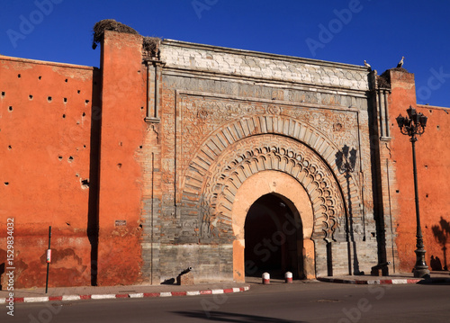 Morocco, Marrakesh. Kasbah gate know as Bab Agnaou the most intricate of the medieval city gates.