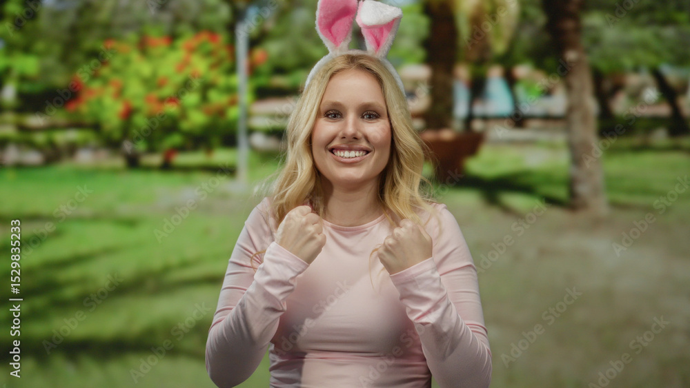 Obraz premium Young blonde woman wearing bunny ears makes funny expressions in a park with green trees and lush background highlighting the playful and joyful outdoor atmosphere.