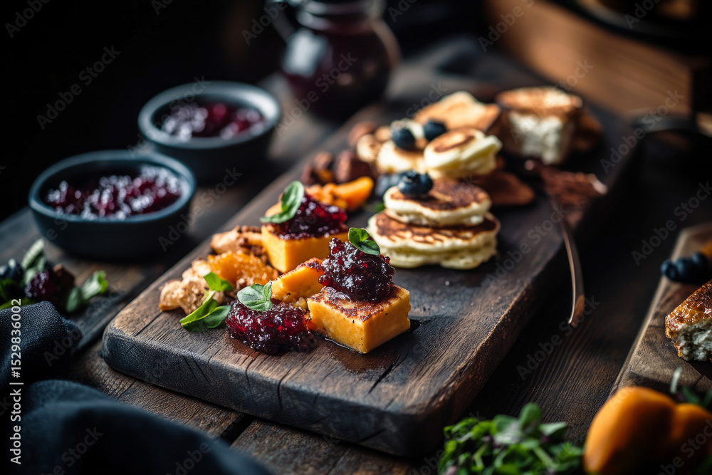 A beautifully arranged breakfast board showcases golden pancakes topped with berry jam, fresh fruit, and a side of creamy cheese on a wooden surface, suggesting a cozy morning A beautifully arranged breakfast board showcases golden pancakes topped with berry jam, fresh fruit, and a side of creamy cheese on a wooden surface, suggesting a cozy morning