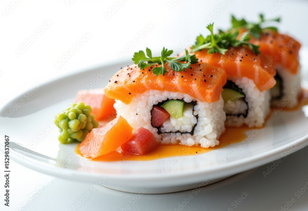 Fresh salmon sushi rolls with cucumber and avocado on a white plate, garnished with herbs and served with wasabi Fresh salmon sushi rolls with cucumber and avocado on a white plate, garnished with herbs and served with wasabi