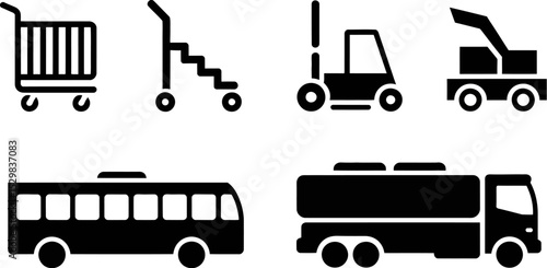 Vector icons of transport vehicles bus truck forklift shopping cart stairs lift black and white design editable stock vector illustration