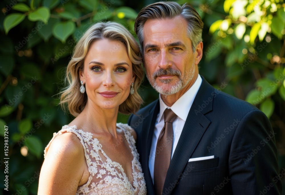 Fototapeta premium Elegant mature couple dressed in formal attire outdoors with lush green foliage background