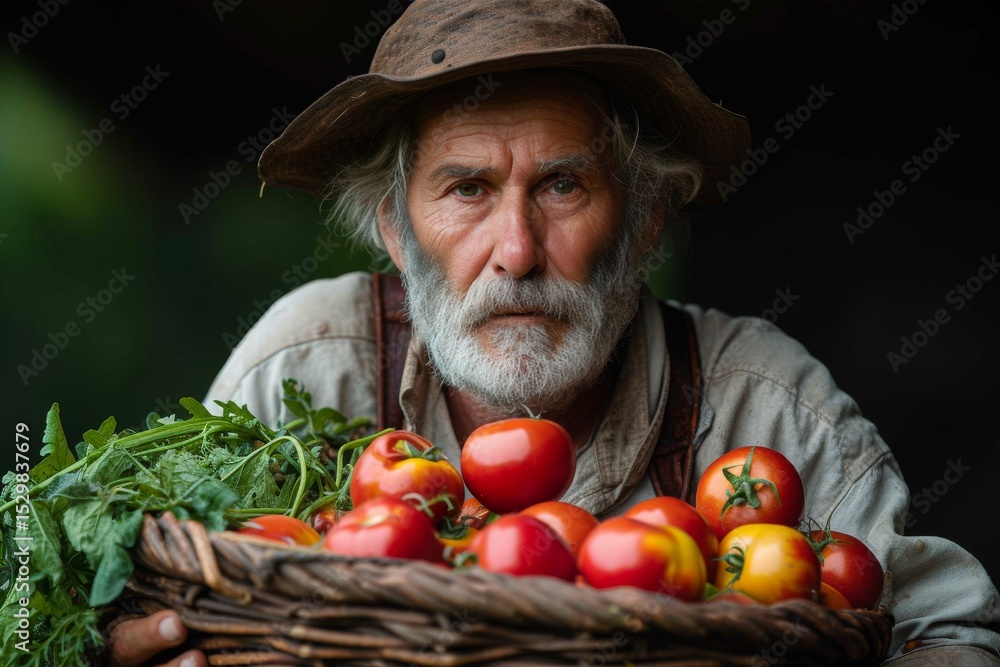 An elderly farmer posing with a basket of freshly harvested tomatoes, conveying the hard work, dedication, and rewards of gardening and agriculture in rural life. An elderly farmer posing with a basket of freshly harvested tomatoes, conveying the hard work, dedication, and rewards of gardening and agriculture in rural life.