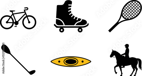 Sports and recreation activities vector icons set bike rollerblade tennis kayak golf horse riding design 100 editable stock vector illustration