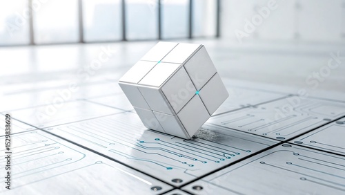 Minimal geometric cube on futuristic circuit platform, combining architecture, technology and digital precision design.