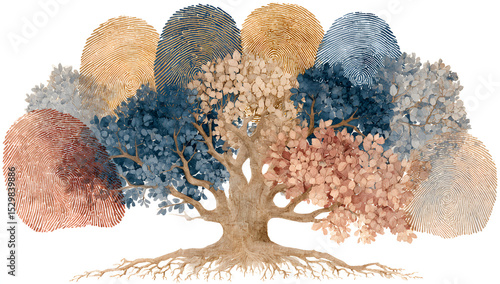 A watercolor illustration of a unique family tree, where the branches and roots are formed by fingerprints. The tree is leafless, symbolizing the family’s lineage and connections