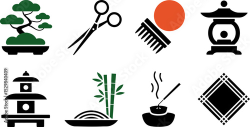 Japanese culture icons vector set bonsai scissors comb lantern bamboo incense traditional pattern design art editable stock vector illustration