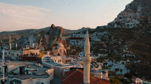 The Famous Uchhisar Cave Castle In Cappadocia, At Sunset, Turkey, Aerial View