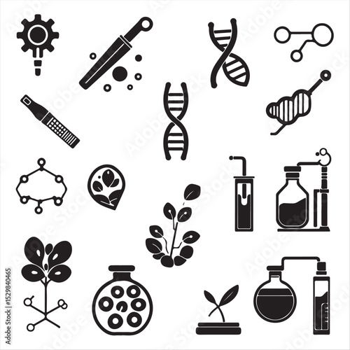 Create scientifically accurate monochrome icons depicting biotechnology and genomics CRISPR tools, DNA sequencing, synthetic biology, bioreactors, lab-grown tissues, and personalized medicine. 