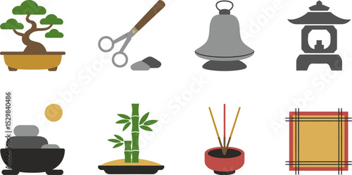 Zen garden elements vector illustration bonsai bamboo lantern meditation stones incense bell scissors editable stock vector illustration