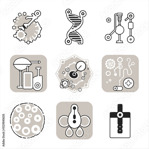 Create eight black and white icons visualizing CRISPR, DNA sequencing, synthetic biology, bioreactors, tissue engineering, and personalized medicine.  Emphasize a precise, technical style