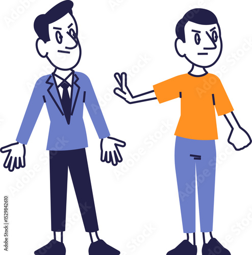 Flat design conflict between two men – casual vs formal character disagreement, argument, confrontation, expressive cartoon style.