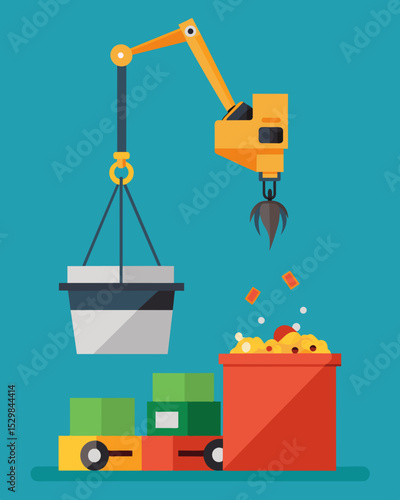 A crane with a clawlike attachment lifts bulky items of trash and drops them into a nearby shredder reducing them to smaller pieces.. Vector illustration