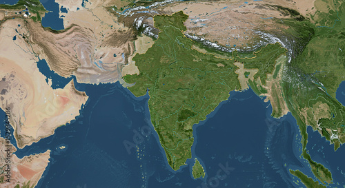 Satellite view showing India and surrounding countries in Asia with oceans and land formations.