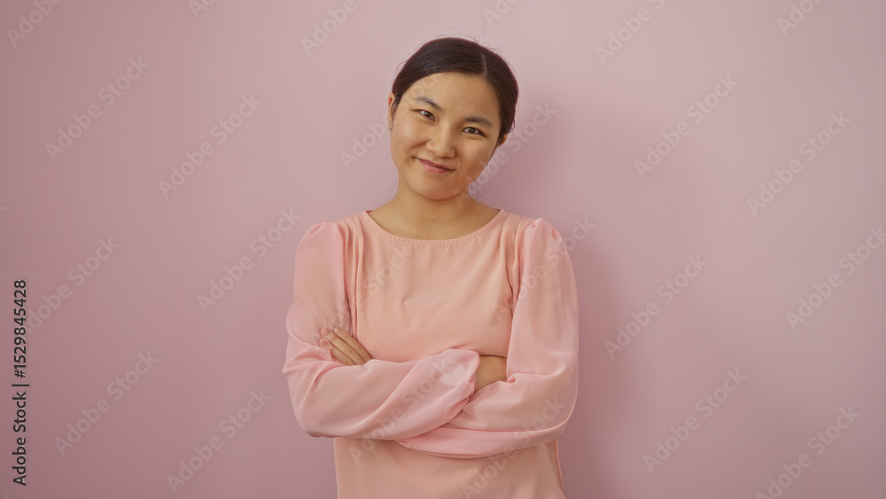 Fototapeta premium Young asian woman with arms crossed smiles against an isolated pink background, exuding confidence and beauty in a serene portrait setting.