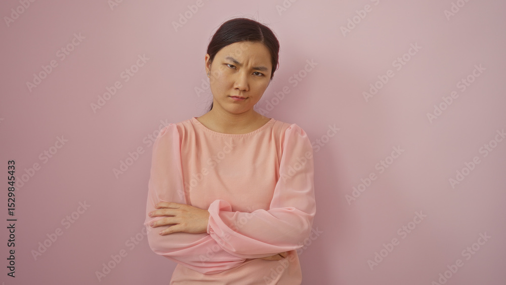Obraz premium Woman frowning in pink blouse isolated against a pastel pink wall with arms crossed, showcasing an expression of contemplation or displeasure.
