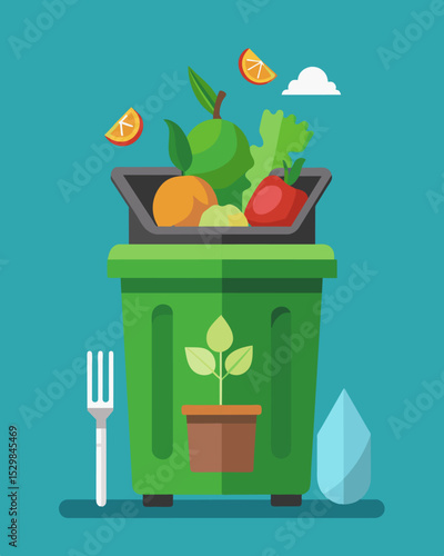 A compost bin in the break room allows for food waste to be put to good use enriching the offices rooftop vegetable garden.. Vector illustration
