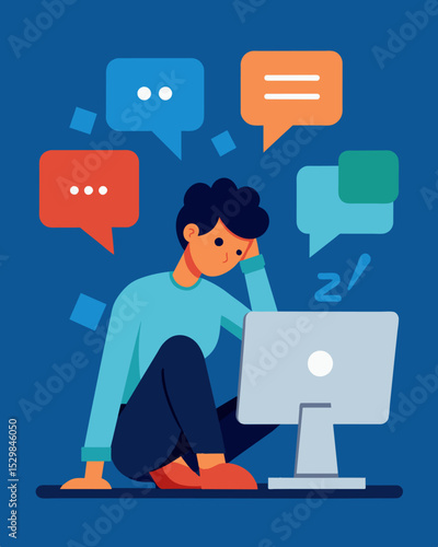 A victim of cyberbullying sits alone in front of their computer scrolling through a neverending feed of hatefilled comments.. Vector illustration