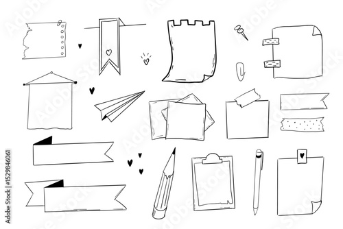 Memo page bullet jourlal note sketch, hand drawn doodle stickers office list box or frame. Comic planner reminder, set stationery design elements.
