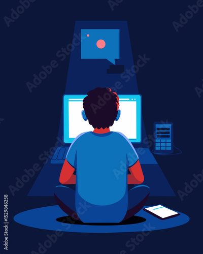Sitting with their back to the camera a person is engulfed in the darkness of their room lit only by the harsh blue light of their computer screen as they try to deal with the. Vector illustration