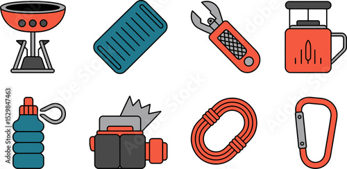 Camping hiking outdoor gear equipment vector illustration adventure travel essential items checklist pack list editable stock vector illustration