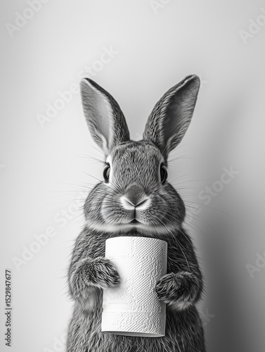 A cute bunny holding a toilet paper roll, against a white background, toilet wall art
